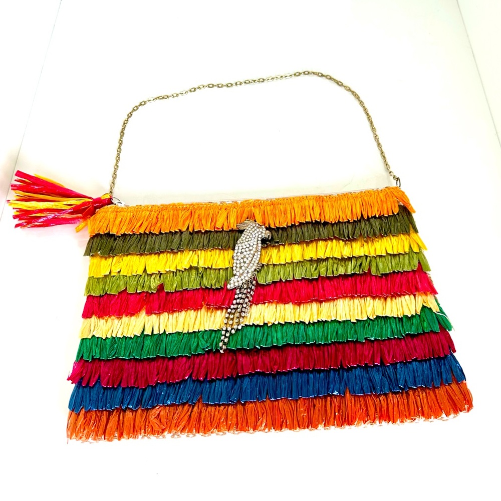 OYSHO Raffia Multi Color Fringe Clutch with Parrot & Chain Strap NWOT